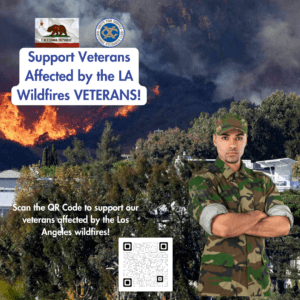 Veteran with arms crossed with LA wildfire in the background